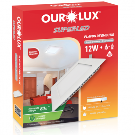 Plafon Luminária Led Slim de Embutir Quadrada 12W 4000K Ourolux