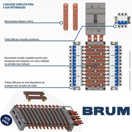 Kit Barramento Trifásico Volt Plus 48 Disjuntores Din 250A B25T 48