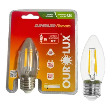 Lâmpada Superled Vela Filamento 3W E=27 2700K Clara 20185 - Ourolux.