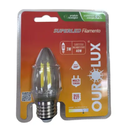 Lâmpada Superled Vela Filamento 3W E=27 6000K Clara 20179 - Ourolux.